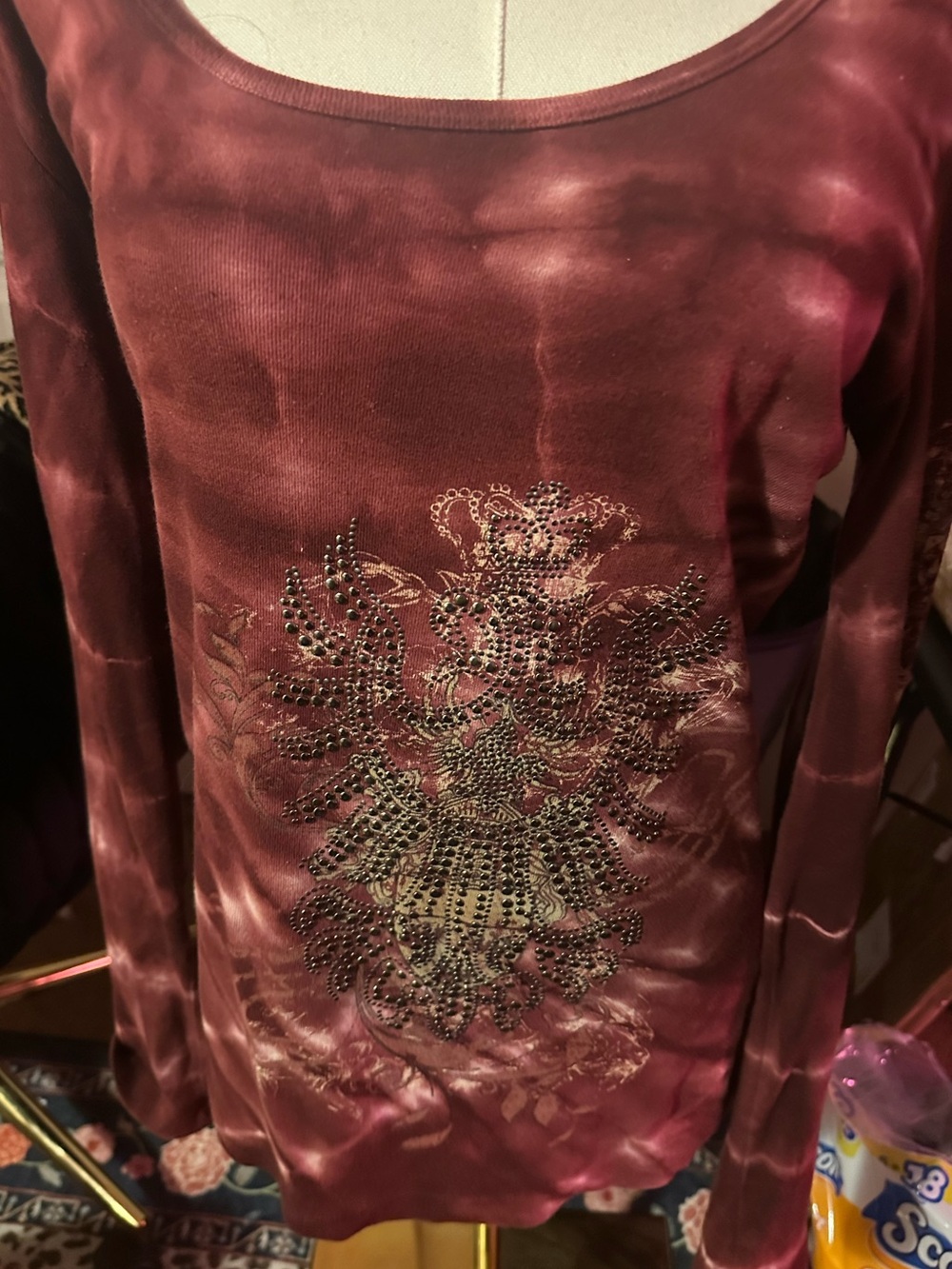Women’s Long Sleeve Scoop Neck Top in Deep Burgundy with Embellished Front L
